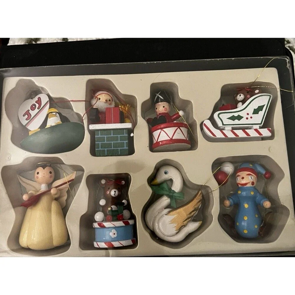 8 vintage wood wooden christmas ornaments in box angel sled drum goose